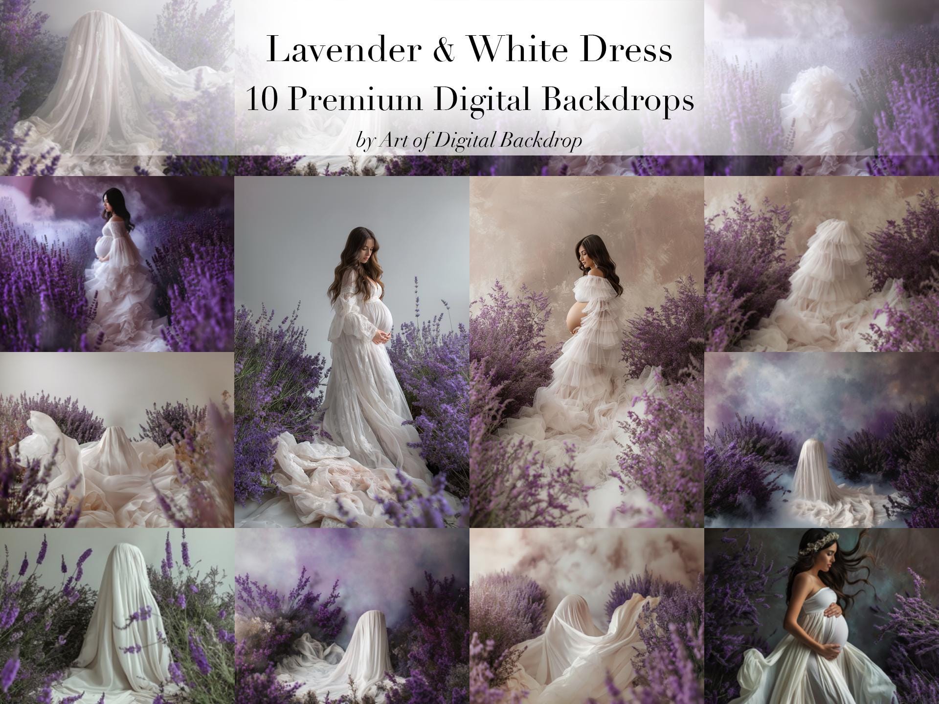 Lavender and White Dress Floral Digital Backdrops PNG - Art Photo Maternity Portrait Overlays Floral Backdrop Instant Download