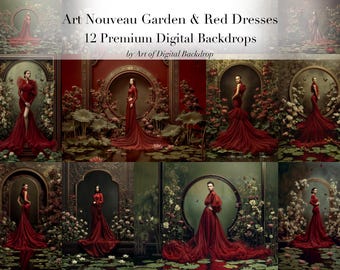 Art Nouveau Floral Garden Red Flowing Fabric Dress Digital Backdrops - Maternity Portrait Flowers Designs
