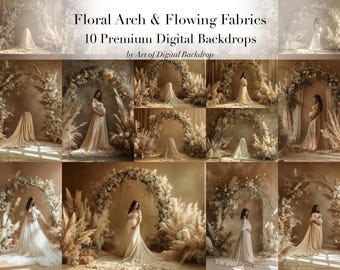Boho Floral Arch Maternity Digital Backdrop - Beige White Fabric Dress, Bohemian Flowers