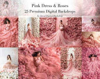 Pink Dresses & Roses Digital Backdrops - Pink White Flowers Floral Photo Art Maternity Couples Portrait Digital Pink Dress Backdrops