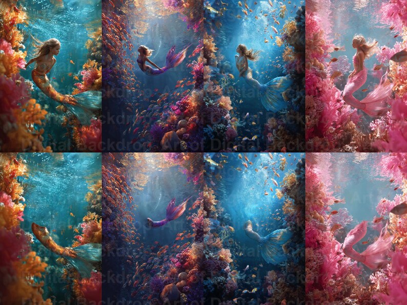 Colourful Mermaid Tails Under the Sea Digital Backdrops – Fantasy ...