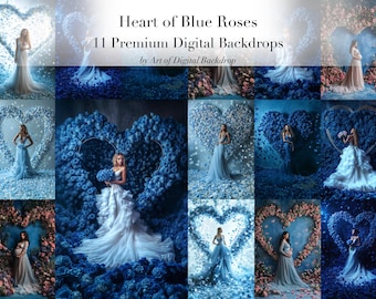 Blue Roses Floral Heart & Flowing Fabric Dress Digital Backdrops - Valentine's Day Maternity Portrait