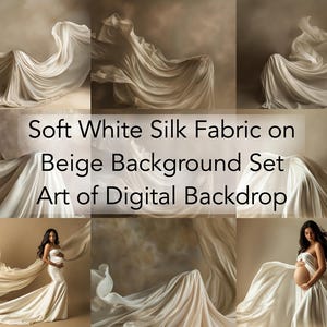 May include: A set of digital backdrops featuring a soft white silk fabric draped over a beige background. The fabric is flowing and ethereal, creating a romantic and elegant feel.  Soft White Silk Fabric on Beige Background Set Art of Digital Backdrop