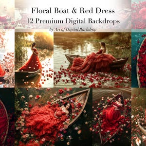 Puede incluir: Doce fondos digitales con un vestido rojo y un barco floral. Los fondos son perfectos para fotógrafos y artistas digitales.  Floral Boat & Red Dress 12 Premium Digital Backdrops by Art of Digital Backdrop.