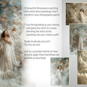May include: Ten digital backdrops featuring Renaissance-inspired paintings of white clouds and angels. The backdrops are ideal for photographers who want to create ethereal and dreamy portraits.