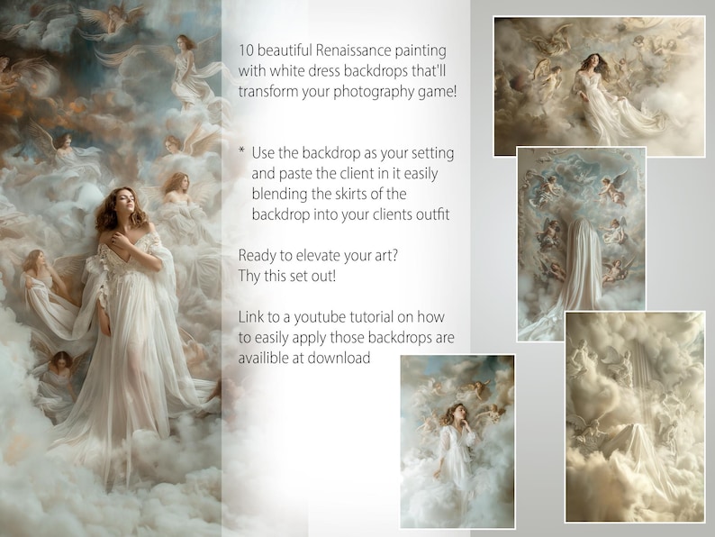 May include: Ten digital backdrops featuring Renaissance-inspired paintings of white clouds and angels. The backdrops are ideal for photographers who want to create ethereal and dreamy portraits.