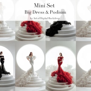 Big Dresses & Podium 3 Digital Backdrops – Maternity White Red Black Fabric Portrait (Mini Set)