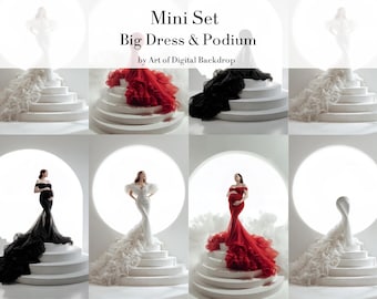 Big Dresses & Podium 3 Digital Backdrops – Maternity White Red Black Fabric Portrait (Mini Set)
