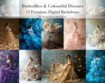 Butterflies, Smoke & Flowing Flying Dress Digital Backdrops - Maternity Portrait Photo Art