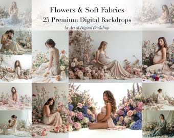 Flowers & Soft Fabrics Digital Backdrops - Photo Art Maternity Portrait Floral Digital Blue, White, Pink, Beige, Green Dress Backdrops