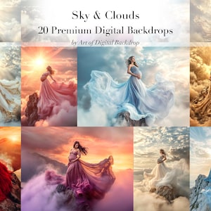 May include: A collage of 20 digital backdrops featuring pregnant women in flowing dresses standing on clouds against a sky background. The backdrops are ideal for maternity photography.