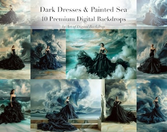 Dramatic Dark Dresses & Painted Sea Digital Backdrops, Maternity Backdrop, Digital Backgrounds, Fine Art Backdrops, Black Blue Digital Dress