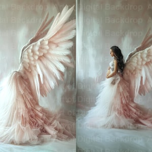 May include: A pregnant woman wearing a white and pink tulle dress with large, feathery angel wings. The wings are a soft pink colour and have a delicate, ethereal look.