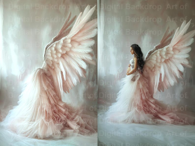 May include: A pregnant woman wearing a white and pink tulle dress with large, feathery angel wings. The wings are a soft pink colour and have a delicate, ethereal look.
