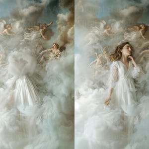 May include: A woman in a white dress stands in a cloud of white smoke. The background is a painting of angels in the clouds.