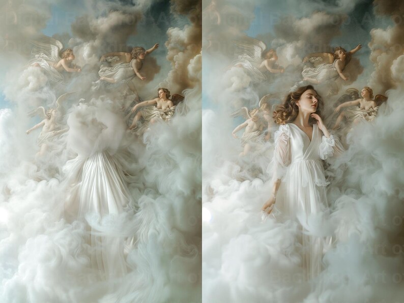 May include: A woman in a white dress stands in a cloud of white smoke. The background is a painting of angels in the clouds.
