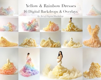 Rainbow & Yellow Flowing Dress – Maternity Photo Digital Backdrops (Transparent PNG Overlays)