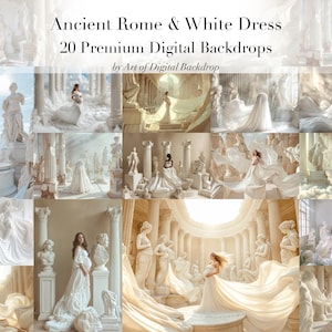 Może przedstawiać: Kolaż 20 cyfrowych tła przedstawiających białą sukienkę i starożytną architekturę rzymską. Tła są idealne do fotografii i prezentują różnorodne pozy i ustawienia.