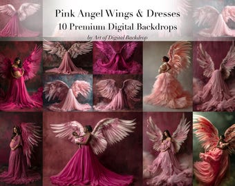 Pink Angel Wings & Fabric Dress Maternity Backdrops – Flowing Fabric Digital Set
