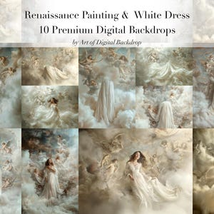 May include: Ten digital backdrops featuring a Renaissance-style painting of a woman in a white dress surrounded by angels in a cloudy sky. The backdrops are ideal for photographers and digital artists.