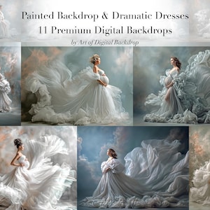 Peut inclure: Plusieurs fonds numériques présentent des femmes dans des robes blanches dramatiques et fluides. Les robes ont des détails complexes et sont placées sur des arrière-plans peints aux couleurs douces et éthérées. Le texte indique "Painted Backdrop & Dramatic Dresses".