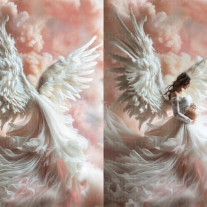 May include: A pregnant person wearing a white dress with large white angel wings. The person is standing in front of a pink and white cloudy background.