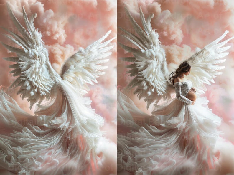 May include: A pregnant person wearing a white dress with large white angel wings. The person is standing in front of a pink and white cloudy background.