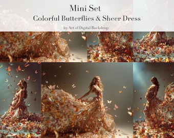 Colourful Butterflies & Flowing Flying Sheer Dresses Digital Backdrops - Maternity Portrait Photo Art Mini Set