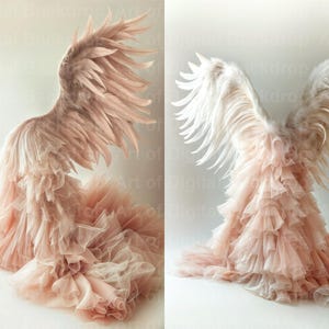 May include: Two pairs of angel wings, one white and one pink, are displayed against a white background. The wings are made of feathers and are attached to a tulle skirt.