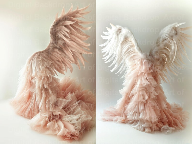 May include: Two pairs of angel wings, one white and one pink, are displayed against a white background. The wings are made of feathers and are attached to a tulle skirt.