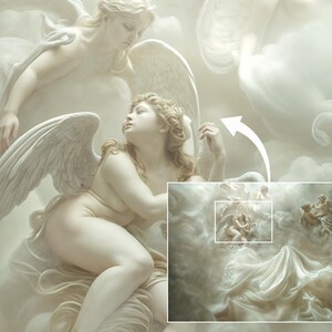 May include: A white, sculpted angel with wings outstretched, surrounded by clouds. The angel is depicted in a serene pose, with a soft, ethereal expression.