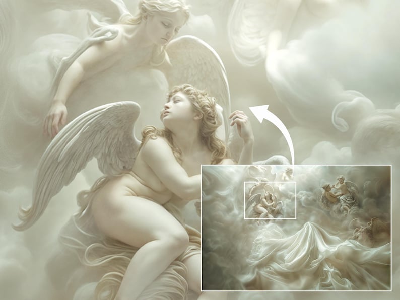 May include: A white, sculpted angel with wings outstretched, surrounded by clouds. The angel is depicted in a serene pose, with a soft, ethereal expression.