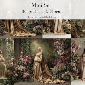 May include: Mini set featuring beige dresses and floral arrangements. The image showcases multiple scenes with women in flowing beige gowns, surrounded by lush floral backdrops. The text "Mini Set Beige Dress & Florals" is displayed at the top.