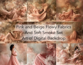 Pink Beige Flowing Flying Fabric Dress & Smoke Digital Backdrops – Maternity Photo Art