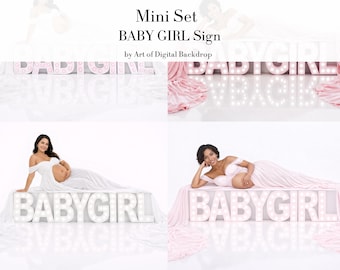 Baby Girl Sign 4 Digital Backdrops – Maternity White Pink Fabric Portrait (Mini Set)