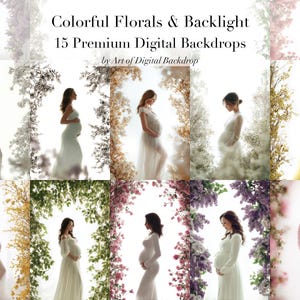 以下が含まれることがあります： バックライトで照らされた花のアレンジメントの前で立っている妊娠中の女性をフィーチャーした、15のデジタル背景のコレクション。背景はマタニティフォトに最適です。