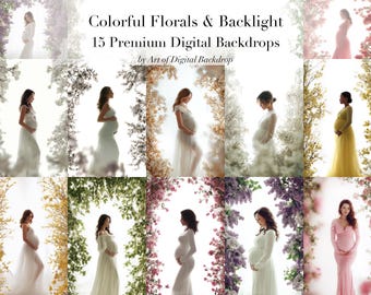 Colorful Florals & Backlight Digital Backdrops - Photo Art Maternity Portrait Flowers Digital  Backdrops, pink roses, lilac, babys breath