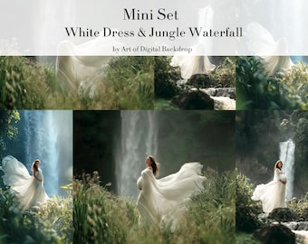 White Dress & Jungle Forest Waterfall 3 Digital Backdrops – Maternity Flowing Fabric Portrait (Mini Set)