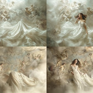 May include: A woman in a white gown floats among clouds with cherubs and angels. The scene is painted in soft, muted tones, creating a dreamy and ethereal atmosphere.