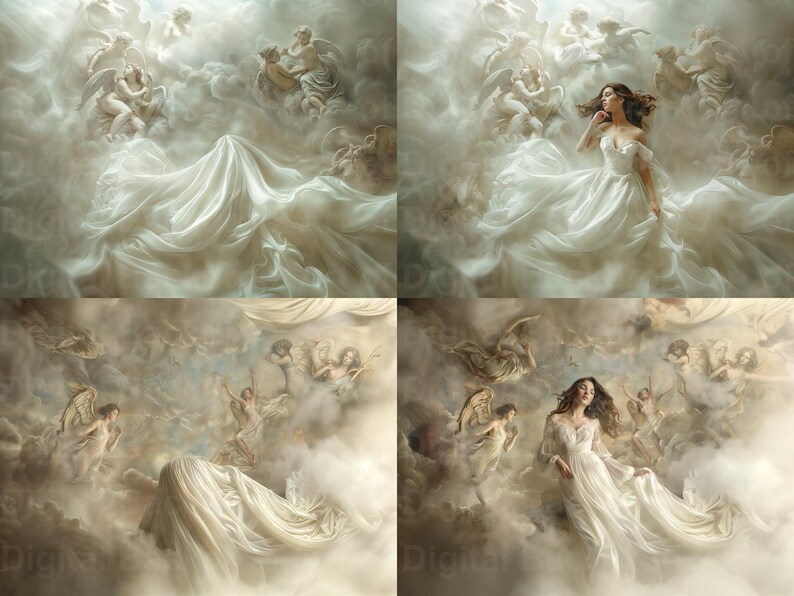 May include: A woman in a white gown floats among clouds with cherubs and angels. The scene is painted in soft, muted tones, creating a dreamy and ethereal atmosphere.