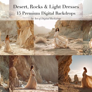 Puede incluir: Un conjunto de fondos digitales con paisajes desérticos y vestidos ligeros y fluidos. Las imágenes muestran a mujeres con elegantes vestidos entre formaciones rocosas y terrenos arenosos, con iluminación suave y una paleta de colores cálidos.