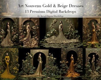 Art Nouveau Floral Garden Golden Flowing Fabric Dress Digital Backdrops - Maternity Portrait Flowers Designs