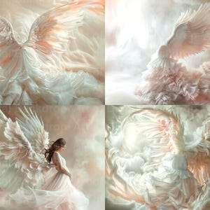 May include: Four images of white and pink angel wings with a soft, ethereal glow. The wings are layered and textured, creating a dreamy and whimsical effect.