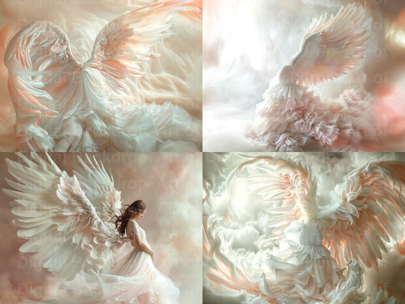 May include: Four images of white and pink angel wings with a soft, ethereal glow. The wings are layered and textured, creating a dreamy and whimsical effect.