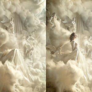 May include: A woman in a white dress stands in a cloud-like setting with multiple figures of angels in the background. The scene is reminiscent of a heavenly or ethereal space.