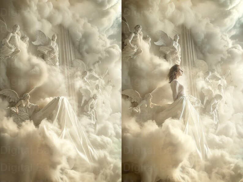 May include: A woman in a white dress stands in a cloud-like setting with multiple figures of angels in the background. The scene is reminiscent of a heavenly or ethereal space.