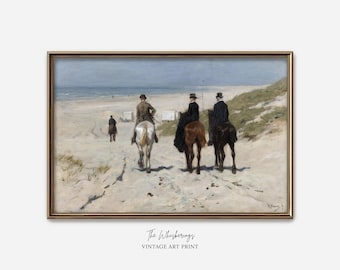 Coastal Victorian Art Print: Riding Horses On The Beach, Antique Oil Painting, Equestrian Wall Art