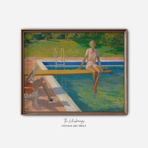 Vintage Swimming Pool Art Print: Woman Sitting On A Diving Board, Palm Springs Oil Painting, Summer Wall Decor