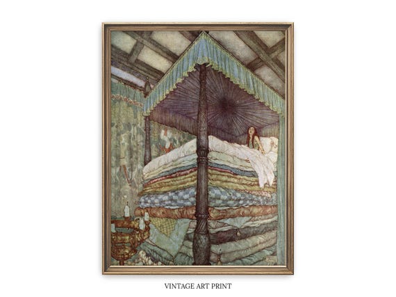 Vintage Whimsical Art Print: Woman Sleeping On Stacked Pillow Tops, Cozy Bedroom Painting, Above Bed Decor, Cottagecore Wall Art