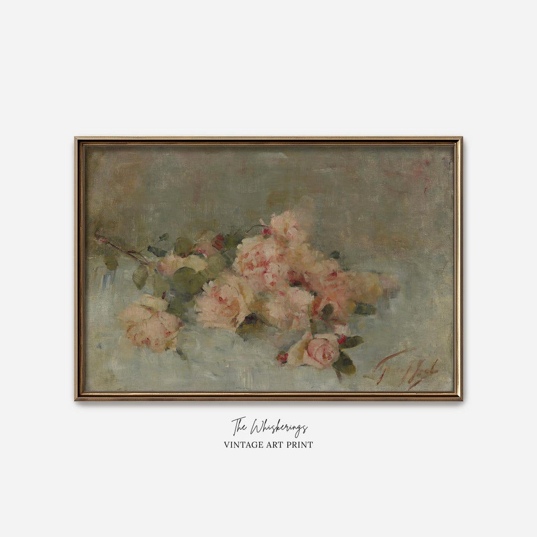 Pink Roses Art Print: Vintage Flowers Still Life Painting, Floral Wall ...